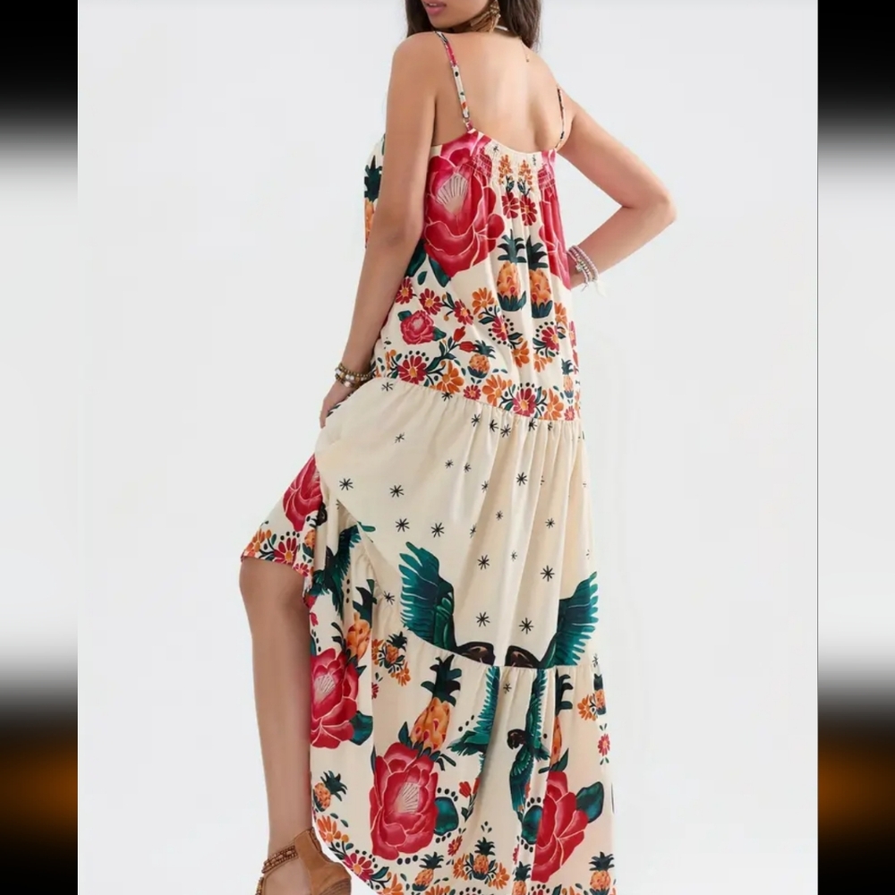 Beautiful tribal print in luxurious bright colored print square neck maxi dress - Picture 5 of 13
